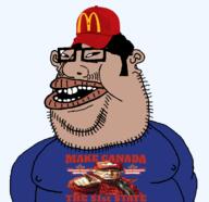 beard black_sclera buck_teeth canada clothes donald_trump ear fat glasses hair hat leaf leafmutt lips mcdonalds nipple subvariant:canuckmutt subvariant:impish_amerimutt transparent_background tshirt united_states variant:impish_soyak_ears variant:meximutt variant:pajeetjak // 1240x1203 // 439.8KB