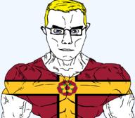 arm aryan blue_eyes british buff closed_mouth clothes ear flag flag:northamptonshire flower glasses hair lancaster_rose northamptonshire plant rose soyjak subvariant:chudjak_front subvariant:muscular_chud tshirt united_kingdom variant:chudjak vein yellow_hair // 1059x929 // 66.1KB