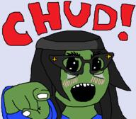 blush chud clothes female frog glasses green_skin hair headband open_mouth pepe pointing pointing_at_viewer soyjak text variant:soytan // 436x382 // 12.6KB
