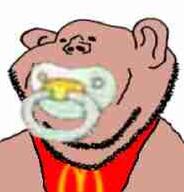 amerimutt baby bald bib binky ear jpeg_compression low_quality low_resolution mcdonalds mutt pacifier small_eyes soyjak stubble subvariant:impish_amerimutt tan_skin variant:impish_soyak_ears white_background // 518x541 // 140.2KB