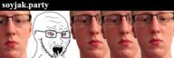 bloodshot_eyes crying glasses irl meta:banner open_mouth soyjak soyjak_party stubble text variant:soyak wojacker // 600x200 // 87.6KB
