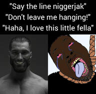 black_skin bloodshot_eyes brown_skin crying dead gigachad meme nigger open_mouth rope say_the_line smile soyjak stubble suicide text tongue variant:bernd // 3072x3004 // 2.0MB