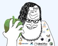 bash blender c_(programming_language) curly_hair gimp glasses gnu green_pepper inkscape java_(programming_language) libreoffice linux python_(programming_language) richard_stallman soyjak stubble tattoo variant:syndromejak vim xfce // 557x446 // 51.4KB