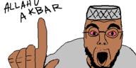 beard bloodshot_eyes brown_skin clothes glasses hand islam mustache open_mouth pointing pointing_up taqiyah text thick_eyebrows variant:pointjak // 500x250 // 4.9KB