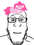 closed_mouth forehead_lines glasses hair happy looking_at_you pink_hair pink_skin pinkie_pie pony smile soyjak stubble subvariant:neutralplier variant:markiplier_soyjak white_background // 600x800 // 50.1KB