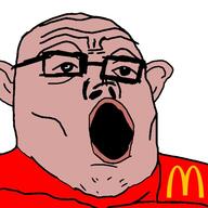 amerimutt clothes ear glasses lips mcdonalds red_shirt soyjak tan_skin variant:tony_soprano_soyjak // 600x600 // 143.3KB