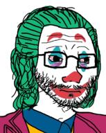 batman_(series) closed_mouth clothes clown dc_comics face_paint glasses green_hair hair jacket joker_(2019) joker_(dc) makeup meta:nas soyjak stubble tired variant:wojak // 898x1125 // 889.6KB
