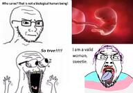 beard fetus glasses open_mouth purple_hair soyjak teeth text tranny variant:bernd variant:soyak // 1160x816 // 160.9KB