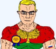 arm award blue_eyes buff christianity closed_mouth clothes eastern_orthodox eyes_like_the_o-o-cean flag flag:lipetsk flag:russia glasses hair lipetsk_oblast oblast orthodox_cross pig russia slaughter soyjak subvariant:chudjak_front subvariant:muscular_chud text transparent transparent_background tshirt variant:chudjak vein yellow_hair // 1059x929 // 171.4KB