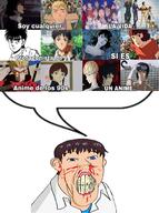angry anime blood blue_eyes brown_hair clenched_teeth closed_mouth clothes cowboy_bebop cracked_teeth devilman ear ghost_in_the_shell great_teacher_onizuka hajime_no_ippo ikari_shinji meme neon_genesis_evangelion nosebleed paprika perfect_blue serial_experiments_lain soyjak spanish_text speech_bubble subvariant:feralrage trigun variant:feraljak // 1526x2048 // 302.4KB