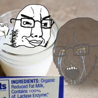 3soyjaks black_skin crying drinking drinking_straw ear glasses irl_background merge milk open_mouth smirk smug soyjak stubble subvariant:impdrink text variant:chudjak variant:gapejak variant:impish_soyak_ears // 1415x1415 // 862.9KB