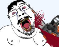 blood bloodshot_eyes cartel chainsaw clothes crime crying death fat glasses gore hair murder mustache open_mouth soyjak stubble subvariant:chainsaw_bernd sweating template variant:bernd // 1580x1267 // 429.4KB