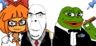 2soyjaks beer blue_eyes clothes friendship frog glass glasses green_skin hand happy holding_object looking_at_you mymy necktie no_more_brother_wars ongezellig orange_skin pepe smile smoking soyjak sticky stubble suit tuxedo variant:cobson variant:feraljak // 700x334 // 189.2KB