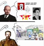 anime cirno communism daiyousei flag:soviet_union fumo izayoi_sakuya japan japanese_text komeiji_satori lenin mushroom rumia shower soviet_union touhou ungern_sternberg variant:a24_slowburn_soyjak video_game vladimir_lenin // 480x500, 19.5s // 577.5KB