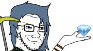 anime blue_hair bowtie closed_mouth clothes gem glasses grey_hair hair hand himemushi_momoyo holding_gem holding_object pickaxe smile smug soyjak stubble touhou variant:soyak video_game // 608x332 // 65.9KB