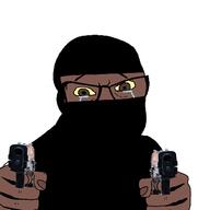 Warrior-Z(user) arm broiwn_skin brown_eyes crying firearm glasses gun hand mustache open_mouth pointing pointing_at_viewer seethe shooting soyjak stubble tear variant:feraljak yellow_sclera // 1500x1500 // 188.2KB