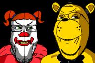 2soyjaks animatronic are_you_soying_what_im_soying bear black_sclera bowtie circus_baby closed_mouth clothes dave_afton ear elizabeth_afton glasses golden_freddy green_eyes ominous red_hair siblings smile soyjak stubble twins variant:gapejak variant:markiplier_soyjak yellow_teeth // 1199x800 // 46.9KB