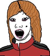 clothes eyelashes female femjak makeup mole open_mouth orange_hair soyjak subvariant:female_kuz tired track_suit variant:carterjak variant:kuzjak // 419x468 // 56.8KB