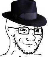 clothes fedora glasses hat smile smug soyjak stubble subvariant:soyak_(smug) variant:soyak // 600x685 // 262.5KB