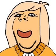 cartoon clothes coco_(ongezellig) eyelashes female hair makeup ongezellig orange_skin smile soyjak stubble subvariant:wholesome_soyjak variant:gapejak yellow_hair // 800x800 // 34.3KB