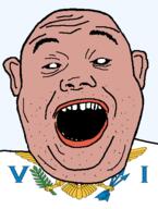 amerimutt animal arrow bird black_sclera clothes eagle ear flag flag:virgin_islands hair holding_object open_mouth plant red_shirt shield soyjak stubble teeth territory text transparent_background united_states variant:alicia virgin_islands // 418x555 // 44.6KB