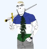 aryan blue_eyes buff cascadia clothes flag flag:cascadia glasses grey_pants hair holding_object holding_sword northwest_front soyjak stubble sword transparent_background tree tshirt variant:cobson vein watch weapon yellow_hair // 1975x2056 // 1.2MB