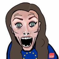blue_shirt brown_hair european_union female femjak flag flag:european_union flour_gang open_mouth sanna_marin sdp soyjak star_(symbol) variant:el_perro_rabioso // 399x399 // 25.2KB