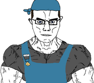 closed_mouth glasses looking_at_viewer medal muscles muscular_male no_stubble overalls sailor series:non_existent_splinters subvariant:muscular_chud variant:chudjak wharf_soy wharfaryan // 1059x929 // 36.4KB