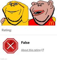 2soyjaks amerimutt animal brown_skin clothes dog ear fact_check friendship glasses hand janny lips looking_to_the_left mcdonalds open_mouth red_shirt smile snopes snout soyjak stubble subvariant:impish_amerimutt truth_nuke variant:impish_soyak_ears yellow_skin // 500x523 // 51.1KB