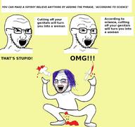 3soyjaks angry arm autistic_screeching blood clothes crazed flag full_body glasses hair hand holding_knife holding_object knife leg looking_down makeup necklace neovagina open_mouth penis purple_hair science soyjak stubble subvariant:crazed_troonjak subvariant:soyak_(crazed) test tranny variant:soyak // 1998x1883 // 505.1KB