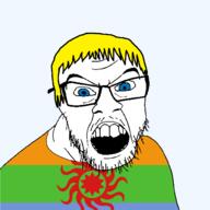 bajookieland blue_eyes clothes country flag flag:bajookieland glasses hair mustache open_mouth soyjak stubble teeth tony_zaret transparent transparent_background variant:feraljak yellow_hair // 1500x1500 // 203.6KB