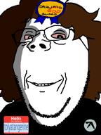 aphex_twin award bloodshot_eyes brown_hair clothes curly_hair drawfag eyebrows glasses glowing_eyes hair hello_my_name_is_(sticker) logo looking_at_you meta:namefags name_tag nose ominous shadow smile stubble subvariant:wholesome_soyjak text tolyatangerine_(user) variant:gapejak white_background white_skin wrinkles // 600x800 // 55.1KB