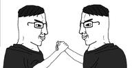 2soyjaks arm closed_mouth clothes glasses hair hand handshake handsome side_profile smile smug soyjak variant:chudjak // 1560x802 // 127.4KB
