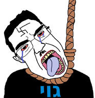 bloodshot_eyes crying dead glasses goy hanging hebrew_text judaism mustache open_mouth rope soyjak subvariant:patrick suicide swastika variant:chudjak // 890x918 // 273.8KB