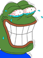 amphibian big_lips blue_shirt crying frog green green_skin holding_laughter laughing looking_diagonally looking_to_the_right looking_up meta:not_oc nas:pepe pepe pepe_the_frog red_eyes tear teeth