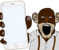 bobo_the_sharty_janny ear glasses holding_object holding_phone iphone janny monkey open_mouth phone soyjak stubble subvariant:phoneplier subvariant:phoneplier_vertical suspenders variant:markiplier_soyjak // 796x685 // 249.9KB