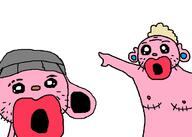 2soyjaks beanie clothes ear ftm hair hand hat open_mouth pink_skin pointing pooner soyjak stubble top_surgery tranny variant:two_pointing_soyjaks yellow_hair // 705x504 // 11.2KB