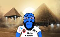 anti_racism balding beard black_lives_matter blue_skin calm closed_mouth clothes glasses i_hate nazism negro pyramids raised_fist_(symbol) science smile soyjak space subvariant:science_lover swastika tranny trans_rights tshirt variant:markiplier_soyjak // 1920x1200 // 1.9MB