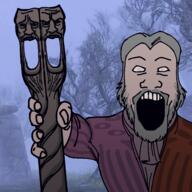 beard clothes daedra daedric_prince grey_beard grey_hair hair hand holding_object open_mouth sheogorath soyjak the_elder_scrolls the_elder_scrolls_v:_skyrim tree variant:markiplier_soyjak video_game wabbajack white_hair // 1500x1500 // 1.9MB