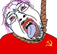 bloodshot_eyes boylover_symbol clothes commie_pedo_troon communism crying flag glasses hair hammer_and_sickle hanging lipstick mustache noose open_mouth pedophile purple_hair rope soyjak stubble suicide tongue tranny variant:bernd yellow_teeth // 768x719 // 432.8KB