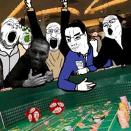 black_shirt blood bloodshot_eyes blue_shirt chips closed_mouth dice friendship gambling gigachad glasses grey_shirt hand irl irl_background multiple_soyjaks open_mouth pea smile stubble subvariant:feralrage tan_shirt variant:chudjak variant:feraljak variant:gapejak variant:markiplier_soyjak variant:peason variant:tony_soprano_soyjak watch // 736x731 // 983.0KB