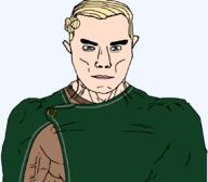 arm blond blue_eyes buff cloak closed_mouth clothes ear germanic hair soyjak subvariant:chudjak_front subvariant:muscular_chud suebian_knot variant:chudjak vein white_skin yellow_hair // 1059x929 // 31.5KB