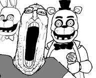 animal_ears bear bonnie_(fnaf) bowtie clothes five_nights_at_freddy's five_nights_at_freddy's_1 freddy_fazbear glasses hat holding_object microphone open_mouth rabbit rabbit_ears soyjak stretched_mouth stubble top_hat tshirt variant:unknown // 555x452 // 15.6KB