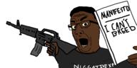 black_skin book firearm glasses gun holding_book holding_gun holding_object holding_rifle i_can't_breed looking_at_you meta:tagme negative_xp nigger open_mouth rifle solomon_henderson soyjak variant:comicjak white_background yellow_sclera // 646x322 // 40.3KB
