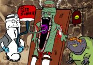 3soyjaks arm blood bloodshot_eyes bone brain chin closed_eyes closed_mouth clothes crying distorted dr._frankenstein drinking_straw fat frankenstein's_monster glasses glove goblin green_eyes green_skin grey_skin hand head_mirror holding_object igor_(frankenstein) irl_background iv_bag leg monster music one_eye open_mouth orange_hair short soy soyjak soylent sproke stubble subvariant:sprokejak surgery text tshirt variant:impish_soyak_ears variant:soyak yellow_teeth // 576x401 // 284.0KB