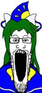 anime clothes glasses green_hair hat meta:tagme mima open_mouth soyjak stretched_mouth stubble touhou variant:markiplier_soyjak video_game // 613x1350 // 74.8KB