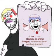 2soyjaks angry anime blue_hair blush bowtie clothes female glasses hair hair_ribbon hand hat holding_object makeup mustache open_mouth paper remilia_scarlet soyjak stubble touhou tranny tshirt variant:feraljak variant:gapejak video_game wing yellow_hair // 640x666 // 302.7KB