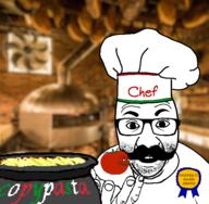 arm award badge chef chef_hat clothes copypasta frog glasses holding_object irl_background italy kitchen mustache oven pasta pepe perro_hold posted_it_again_award pot pun soyjak stubble text tomato variant:el_perro_rabioso // 600x588 // 249.1KB