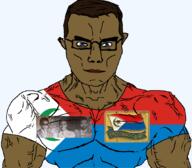 arm artist:janzyalgo blue_eyes buff chad chad_(country) closed_mouth clothes crescent flag:national_liberation_front_of_chad glasses hair ibrahim_abatcha national_liberation_front_of_chad soyjak star_(symbol) star_and_crescent subvariant:chudjak_front subvariant:muscular_chud template tshirt variant:chudjak vein // 1059x929 // 204.8KB