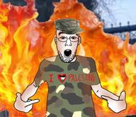aaron_bushnell burning camouflage fire flag:palestine glasses irl_background israel palestine soldier stubble suicide text variant:shirtjak // 1284x1109 // 178.2KB